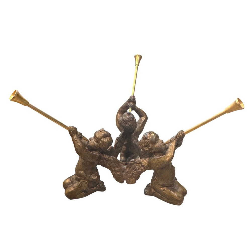 Vintage  Bronze Three Cherubs Playing Gold Trumpets‎ Angel Sculpture Figurine